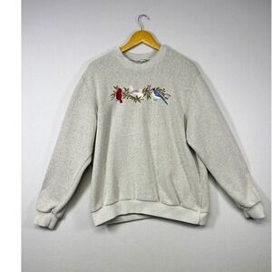 Vintage Grandmacore Women XL Oatmeal Embroidered Birds Cardinal Blue Jay Nature